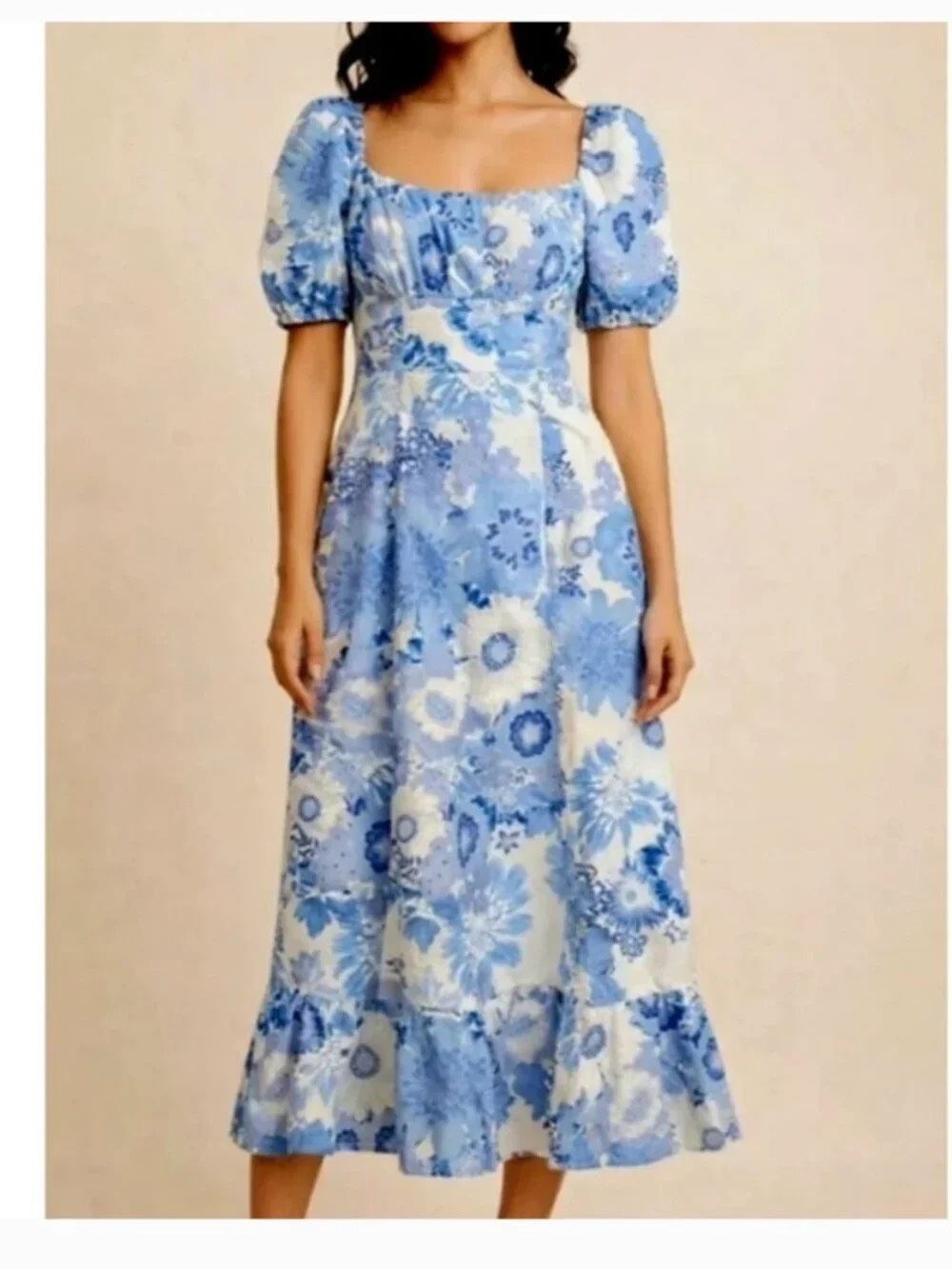 London Times woman’s 10 Linen blend Blue White Floral Puff-Sleeve Midi Dress